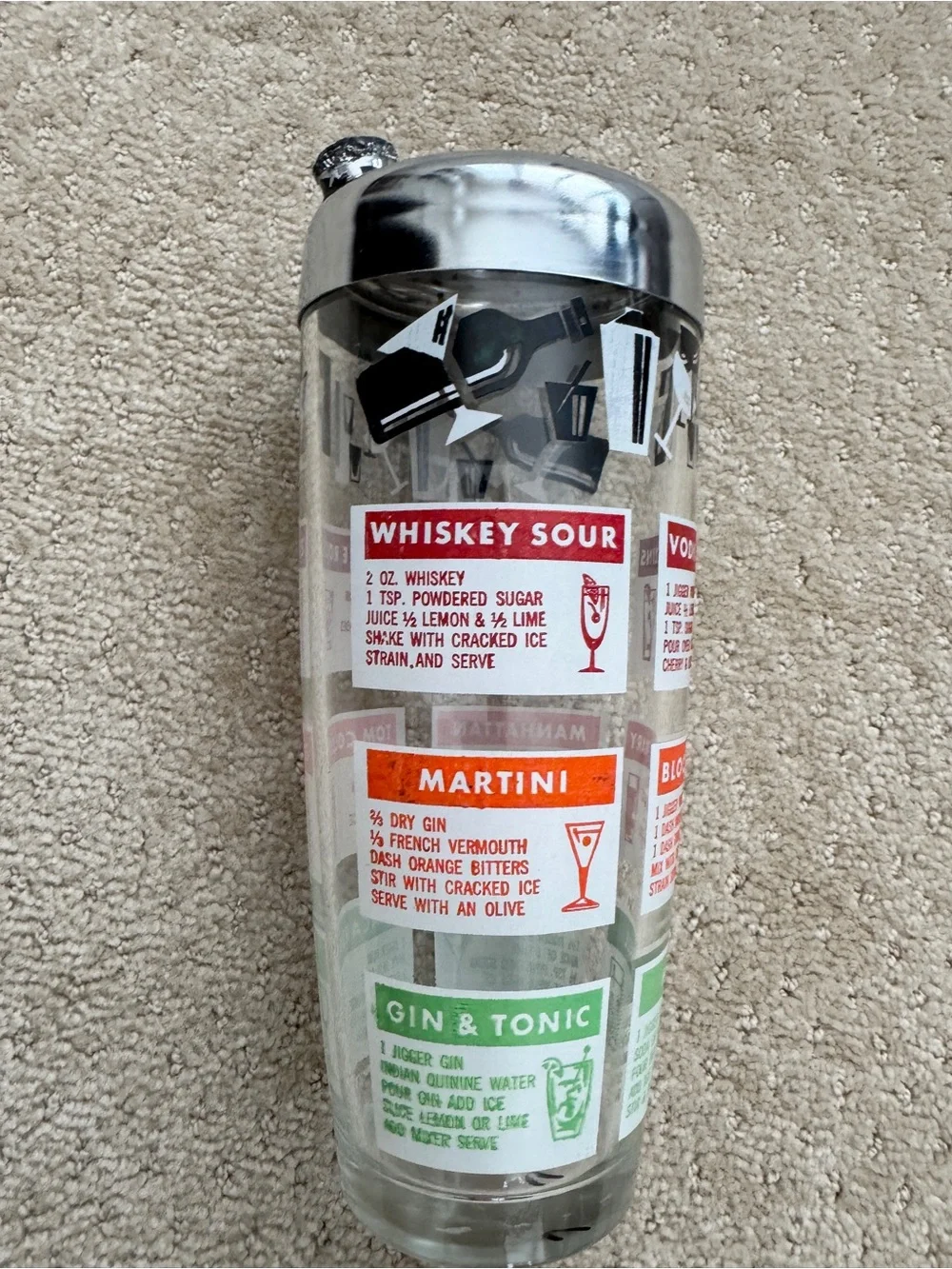 Vintage Glass Cocktail Shaker with Recipes Mid Century Modern Barware Chrome Lid